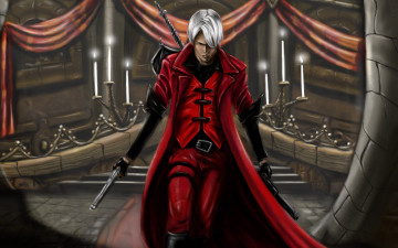 Картинка видео+игры devil+may+cry devil may cry 1 dmc game wallpapers dante kzeor fanart demon hunter half-demon sword rebellion ebony ivory данте полудемон охотник меч ребеллион пистолеты белый и Чёрный красный плащ зал свечи фанарт