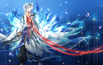 Картинка аниме -animals маска парень лепестки уши меч