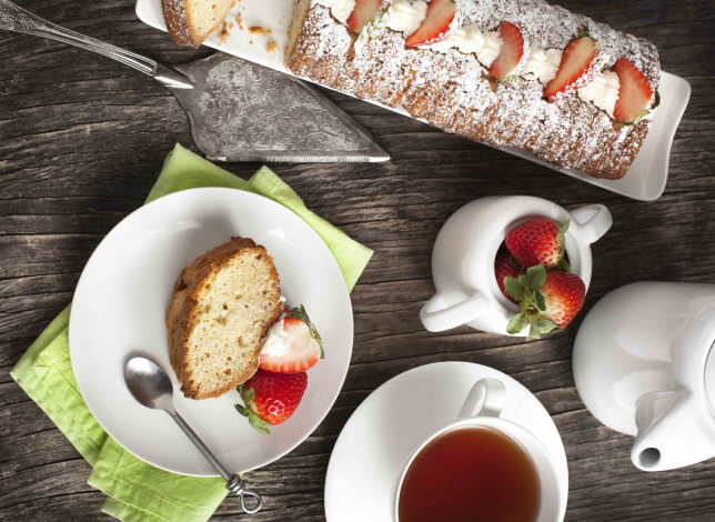 Обои картинки фото еда, разное, чай, клубника, пирог
