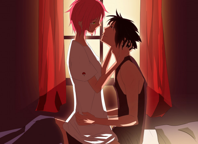 Обои картинки фото аниме, naruto, пара, саске, сакура, любовь, свет, занавески, окно, арт