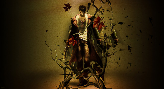Обои картинки фото видео игры, devil may cry 4, данте, листья, плащ, ветки, взгляд, devil, may, cry, dmc