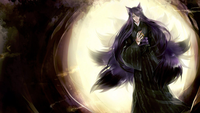 Обои картинки фото аниме, -animals, демон, луна, сияние, волосы, хвосты, уши, когти, часы, парень