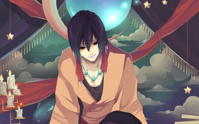 Обои картинки фото аниме, *unknown , другое, парень, свечи, облака, улыбка, бусы, звёзды