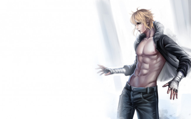 Обои картинки фото аниме, *unknown , другое, число, бинты, красные, глаза, парень, белый, фон