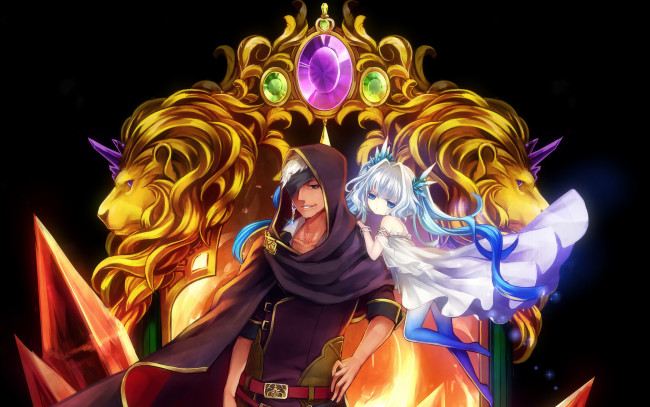 Обои картинки фото аниме, *unknown , другое, львы, девочка, парень, капюшон, плащ, повязка, камни