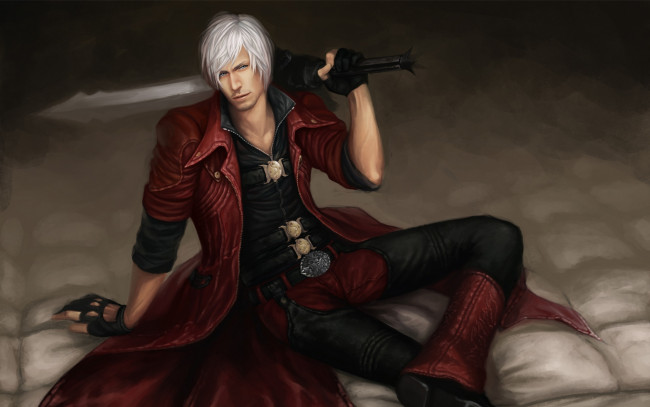 Обои картинки фото видео игры, devil may cry 4, devil, may, cry, 4, dmc, game, wallpapers, dante, saike, fanart, demon, hunter, half-demon, sword, rebellion, ebony, ivory, данте, полудемон, охотник, меч, ребеллион, пистолеты, красный, плащ, фанарт