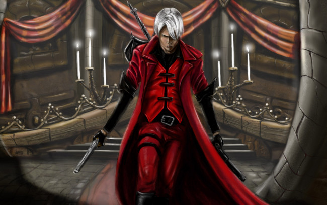 Обои картинки фото видео игры, devil may cry, devil, may, cry, 1, dmc, game, wallpapers, dante, kzeor, fanart, demon, hunter, half-demon, sword, rebellion, ebony, ivory, данте, полудемон, охотник, меч, ребеллион, пистолеты, белый, и, Чёрный, красный, плащ, зал, свечи, фанарт