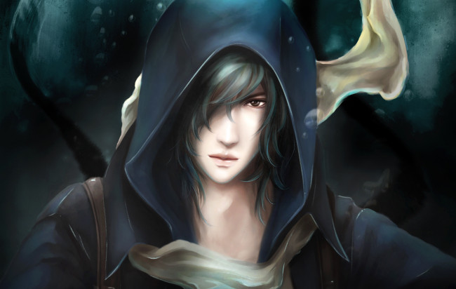 Обои картинки фото аниме, *unknown , другое, капюшон, парень, взгляд, лицо, шарф, пузыри