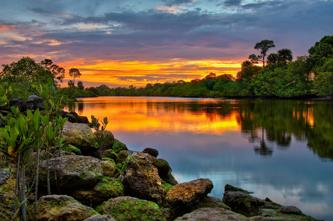 Обои картинки фото природа, восходы, закаты, лес, зарево, тучи, камни, река