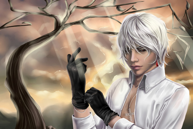 Обои картинки фото аниме, *unknown , другое, белые, волосы, парень, ветка, серьга, перчатки, браслет, крест