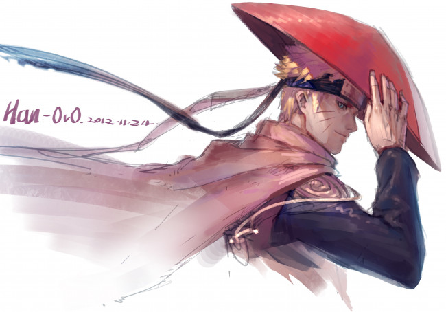 Обои картинки фото аниме, naruto, взгляд, парень, блондин, рука, плащ, белый, фон, ленты, головной, убор, шляпа, наруто