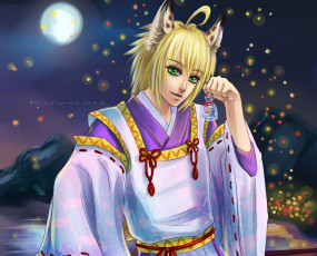 Картинка рисованное -+ +аниме парень кимоно лис