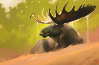 обоя gaudibuendia, рисованное, животные,  лоси, фон, животное, лось, птица, птичка