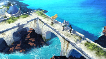 Картинка аниме город +улицы +здания арт nviek5 парни мост море