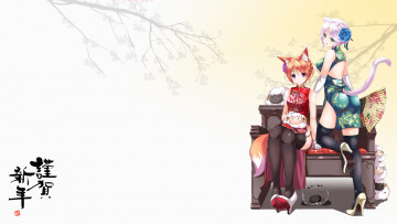 Картинка аниме животные +существа арт девушки барашки диван хвосты ушки ветки цветы fatkewell