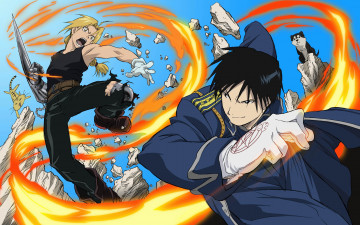 Картинка аниме fullmetal+alchemist edward elric roy mustang парни камни пламя осколки огонь блондин брюнет fullmetal alchemist бой