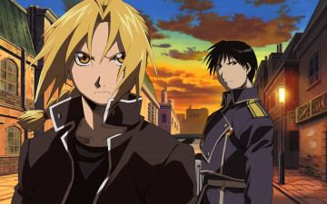 Картинка аниме fullmetal+alchemist fullmetal alchemist брюнет парни блондин закат roy mustang edward elric вечер город