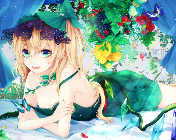 Обои картинки фото аниме, touhou, лимоны, renkarua, flandre, scarlet, клубника, ягоды, девушка, арт