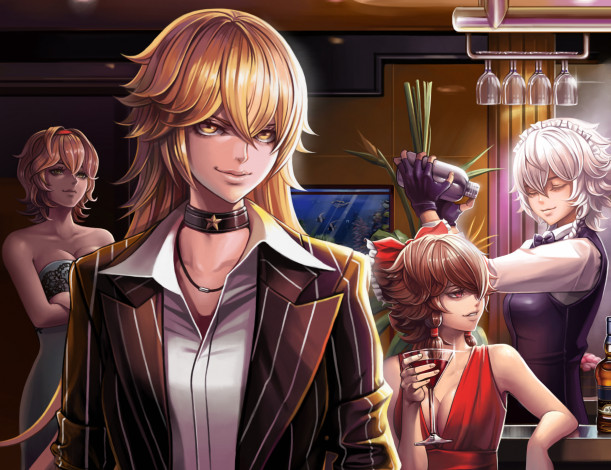 Обои картинки фото аниме, touhou, бармен, kirisame, marisa, izayoi, sakuya, alice, margatroid, hakurei, reimu, бар, девушки, арт, dantewontdie
