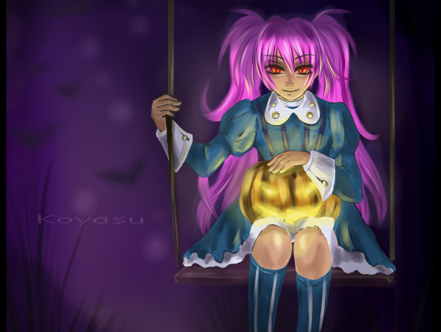 Обои картинки фото рисованное, - ,  аниме, розовые, волосы, ночь, качели, взгляд, девочка