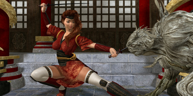 Обои картинки фото 3д графика, фантазия , fantasy, девушка, катанна, существо, фон, взгляд