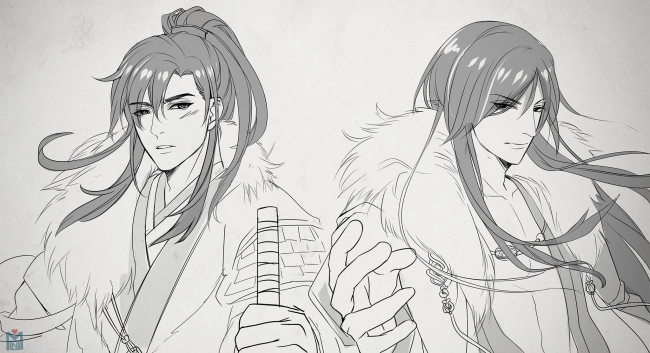 Обои картинки фото рисованное, - ,  аниме, оружие, мечи, кимоно, парни