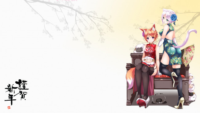 Обои картинки фото аниме, животные,  существа, арт, девушки, барашки, диван, хвосты, ушки, ветки, цветы, fatkewell