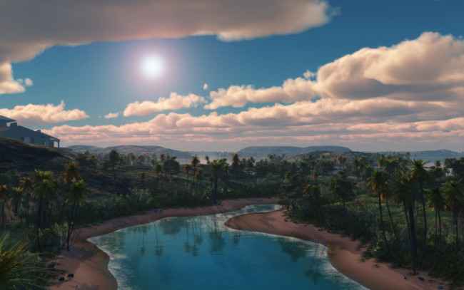 Обои картинки фото 3д графика, природа , nature, деревья, река, облака