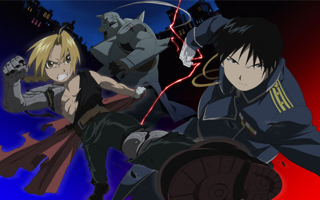 Обои картинки фото аниме, fullmetal alchemist, fullmetal, alchemist, roy, mustang, edward, elric, alphonse, парни