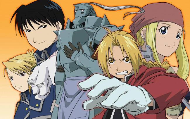 Обои картинки фото аниме, fullmetal alchemist, winry, rockbell, fullmetal, alchemist, roy, mustang, edward, elric, alphonse, riza, hawkeye