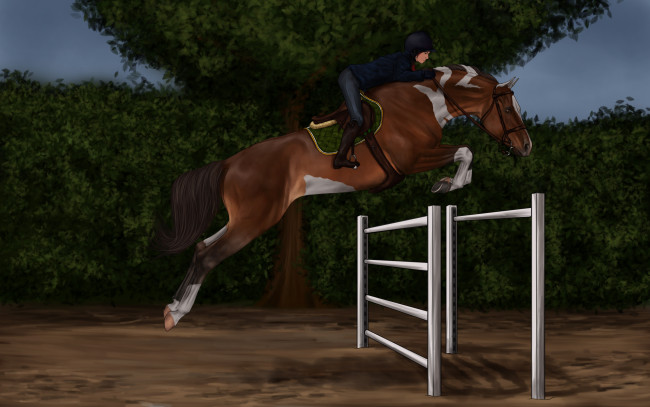 Обои картинки фото рисованное, животные,  лошади, ипподром, лошадь, скачки, жокей