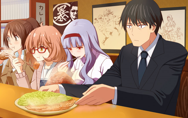 Обои картинки фото аниме, unknown,  другое, takahirokun, девушки, еда, shijou, takane, sasha, browse, парень, producer, idolmaster, kuriyama, mirai