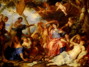 обоя antoine van dyck - amaryllis et mirtillo  huile sur toile, рисованное, antoine van dyck, люди, купидоны, амуры, книга