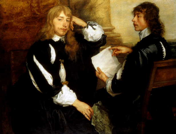 Обои картинки фото antoine van dyck - thomas killigrew avec un compagnon  huile sur toile, рисованное, antoine van dyck, бумаги, камзол, мужчины