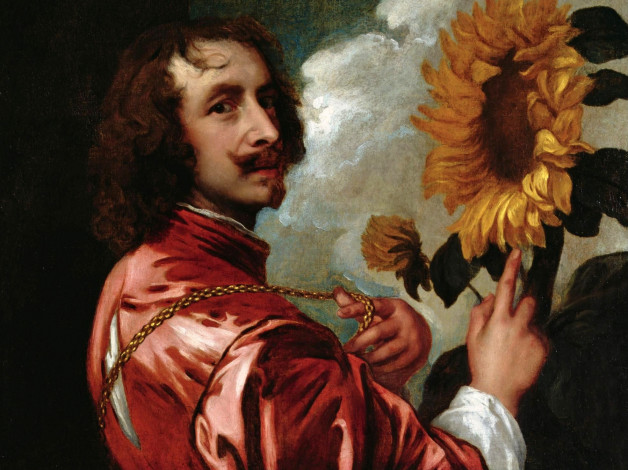 Обои картинки фото antoine van dyck - autoportrait au tournesol  huile sur toile, рисованное, antoine van dyck, автопортрет, художник, подсолнухи, цепь, камзол