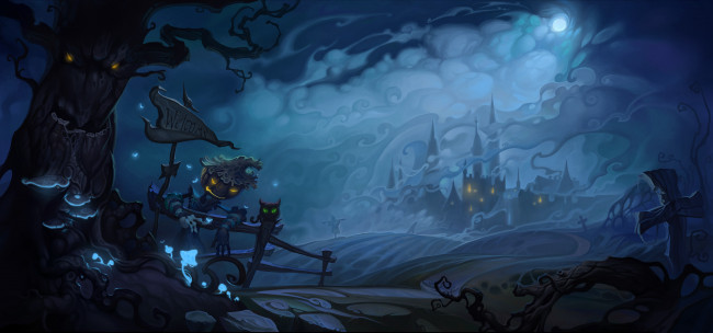 Обои картинки фото праздничные, хэллоуин, дерево, указатель, город, дорога, тыква