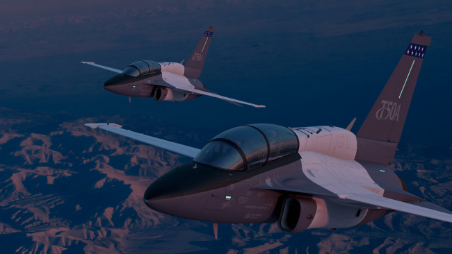 Обои картинки фото авиация, боевые самолёты, lockheed, martin, пилоты, кабина, полёт, t-50a, ландшафт, учебно-боевой, вечер, самолёт