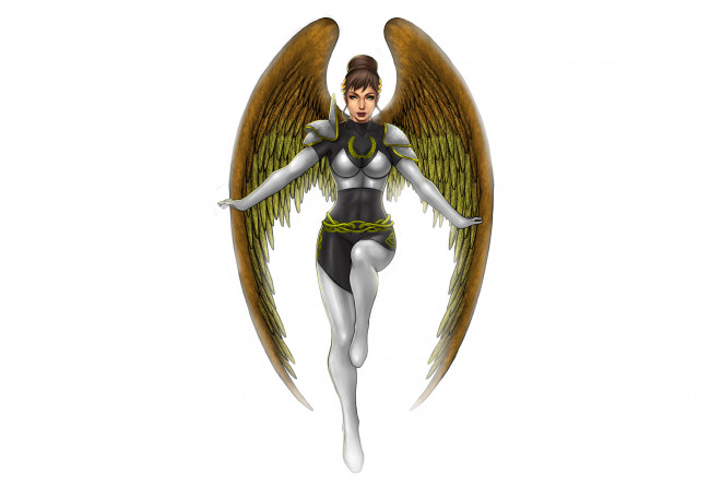 Обои картинки фото рисованное, комиксы, крылья, взгляд, фон, девушка