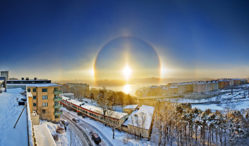 Картинка города -+пейзажи небо облака радуга гало солнце вид город посёлок пейзаж