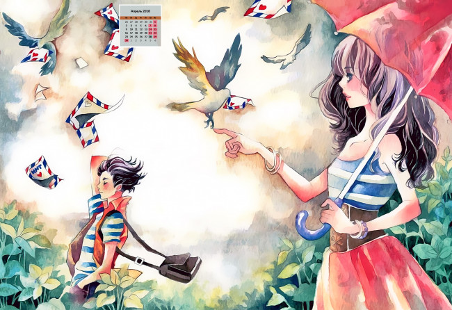Обои картинки фото календари, рисованные,  векторная графика, конверт, голубь, зонт, парень, девушка, 2018