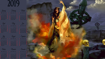 Картинка календари фэнтези женщина череп крест дым