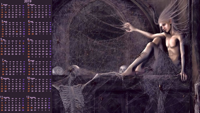 Обои картинки фото календари, фэнтези, паутина, паук, существо, скелет