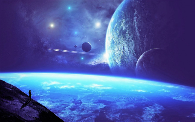 Обои картинки фото космос, арт, человек, планеты, туманности