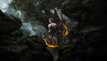 Картинка фэнтези девушки девушка фон лес оружие