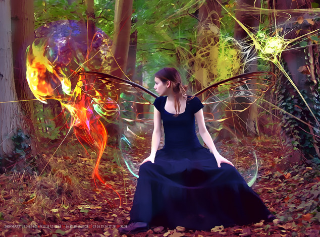 Обои картинки фото календари, фэнтези, девушка, крылья, лес, растение, листва, calendar, 2020