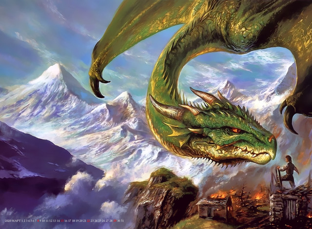 Обои картинки фото календари, фэнтези, дракон, зеленый, гора, природа, calendar, 2020