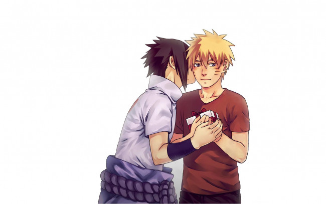Обои картинки фото аниме, naruto, учиха, саске, узумаки, наруто, поцелуй, подарок