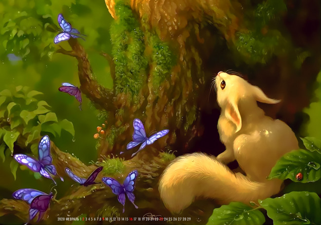 Обои картинки фото календари, рисованные,  векторная графика, животное, белый, бабочка, насекомое, дерево, лес, calendar, 2020
