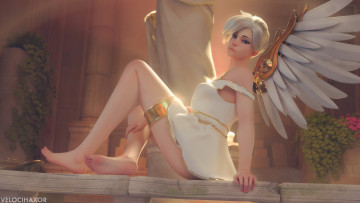Картинка видео+игры overwatch mercy крылья платье статуя колонны цветы