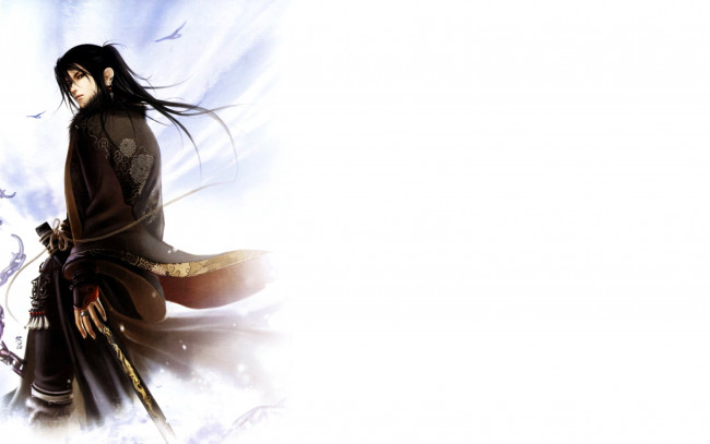 Обои картинки фото рисованное, люди, парень, оружие, цепь, птицы